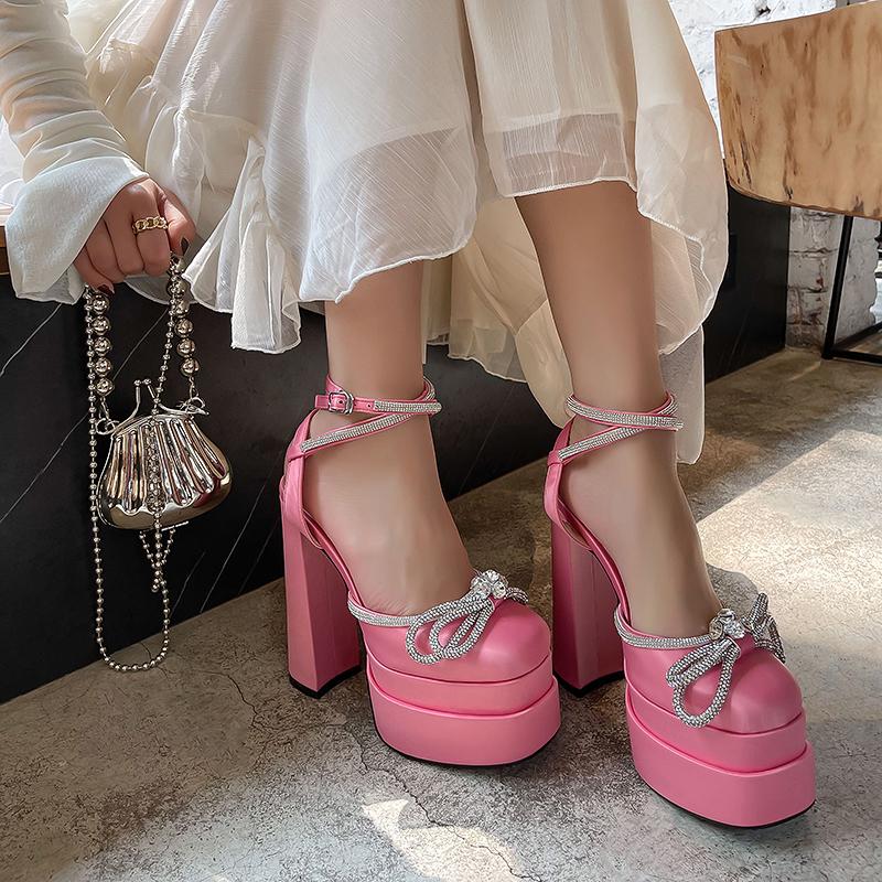 Buty na wysokim obcasie Runway dla kobiet błyszczące, z kryształkami, z grubą podeszwą, modne, kwadratowe noski, cukierkowe kolory, damskie buty Zapatos De Mujer