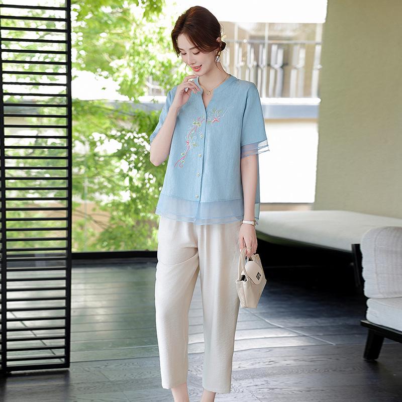 Stylish Embroidered Summer Top for Middle-Aged and Elderly Women