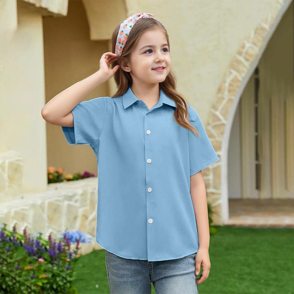 Summer Girls' Short Sleeve Blouse School Uniform Button-Up Shirt Kids Summer School Uniform Button Down Shirt