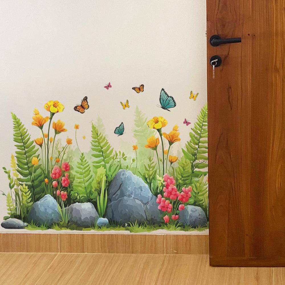 Watercolor Grass Flowers and Butterflies Living Room Entrance Skirting Decoration Wall Stickers