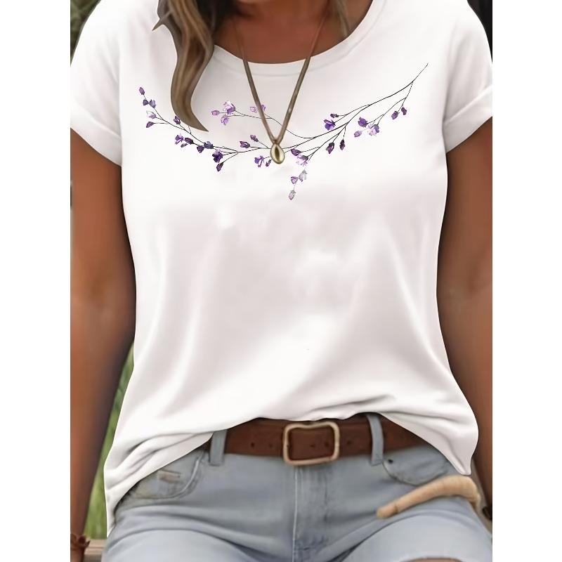 Womens Floral Print Soft Stretch Tee Crew Neck Short Sleeve XS-XXL Machine Washable Comfortable Basic Casual Versatile Everyday Fashion Top