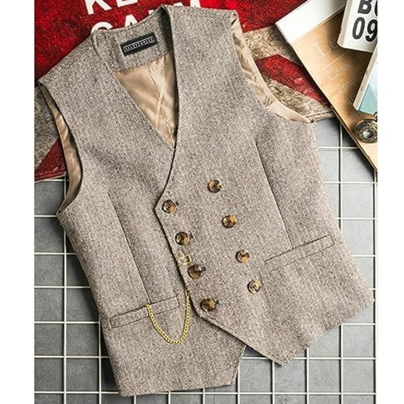 Men Suit Gray Vintage Double Breasted Blend Waistcoat For Wedding Groomsmen Banquet Men Coat