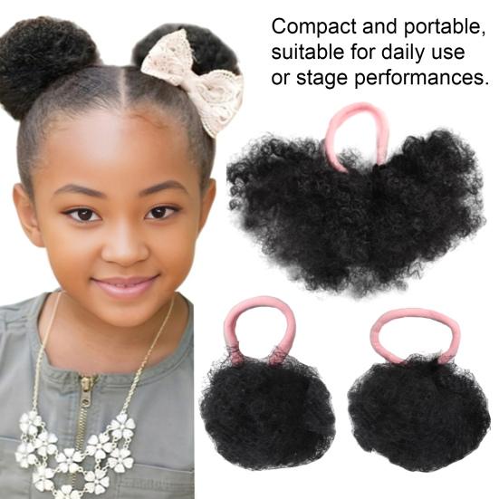 1 Pair Kids Afro Puff Ponytail Extension with Hair Tie Natural Looking Children Wrap Around Synthetic Messy Curly Hair Bun