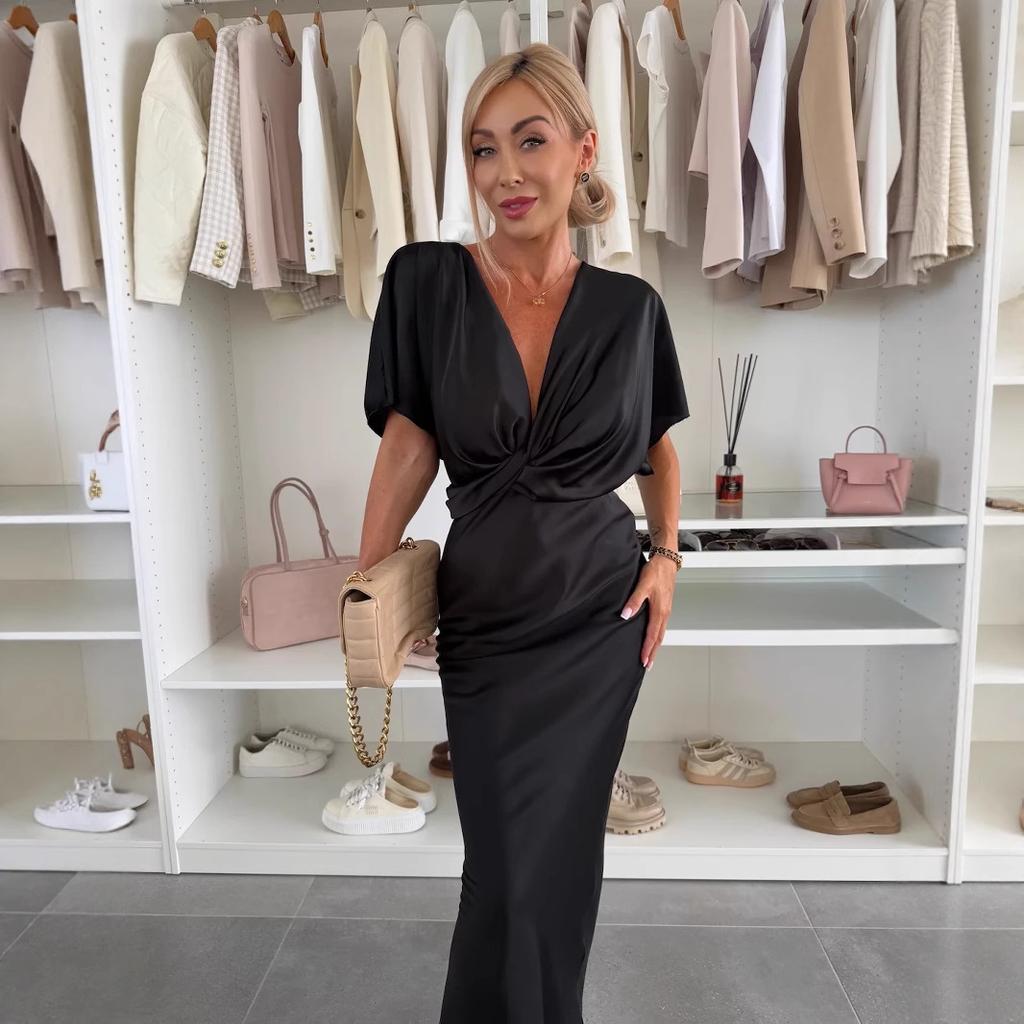 European and American spring and summer new satin twisted chest bat sleeve dress INS loose vacation dress women