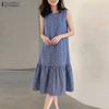 Women Casual Round Neck Plaid Print Loose Sleeveless Dress