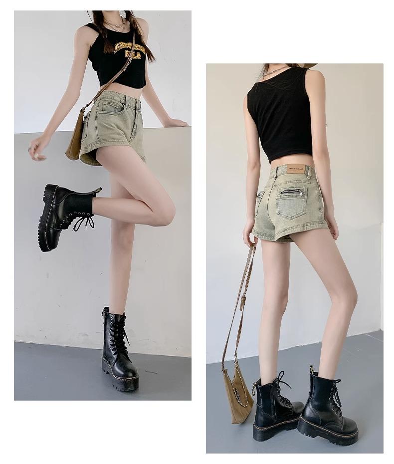 American Spicy Girl Women's High-Waist Denim Shorts, Summer 2024 - Slimming A-line Hot Pants, Washed Finish