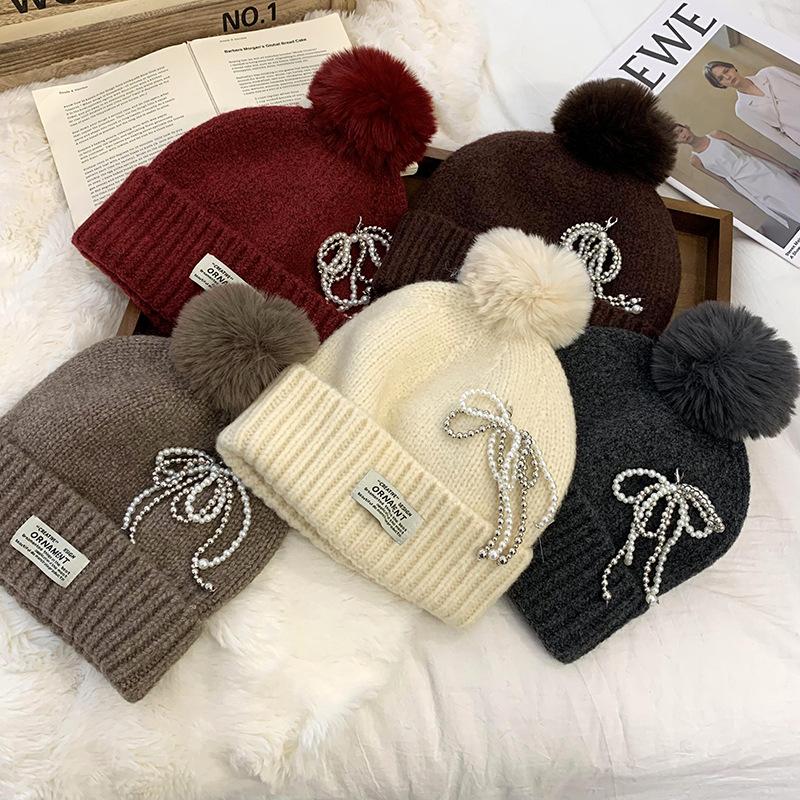 Big head circumference hat autumn and winter pearl bow big hairball knitted wool hat cycling hat
