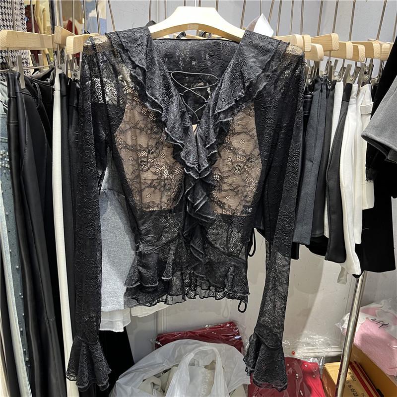 2026 Spring French Style V-Neck Ruffle Lace Top  Flared Sleeve Camisole Set Large чёрный