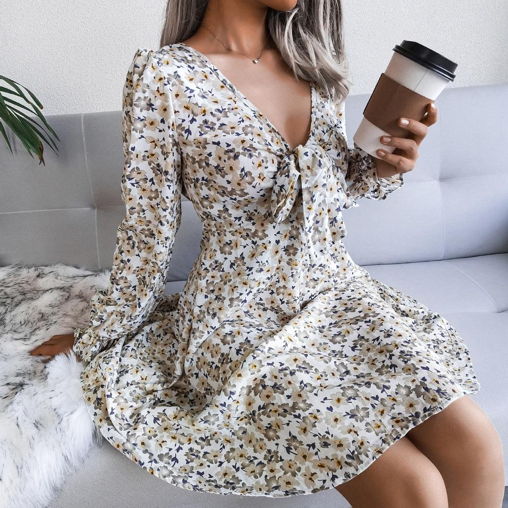 Spring and Summer European and American Casual Bow Floral Chiffon Dress