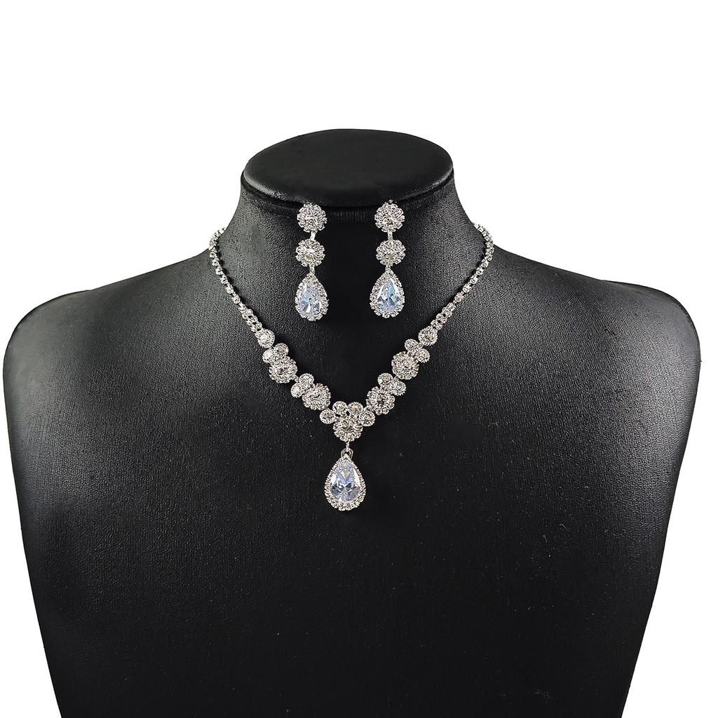 Luxury Zircon Flower Jewelry Set Geometric Drop Necklace Earrings Bracelet 3PCS