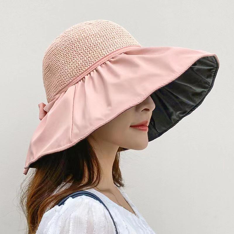 Spring Summer Hat For Women Big Wide Brim Women Bucket Hat Solid Color Foldable Uv Protection Outdoor Beach Panama Cap Sun Hats