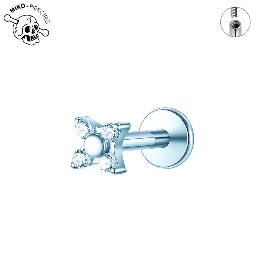 ASTM F136 Titanium Anodizing Four Petal Flower CZ Cartilage Earring 16G Internally Threaded Flat Back Labret Piercing Jewelry