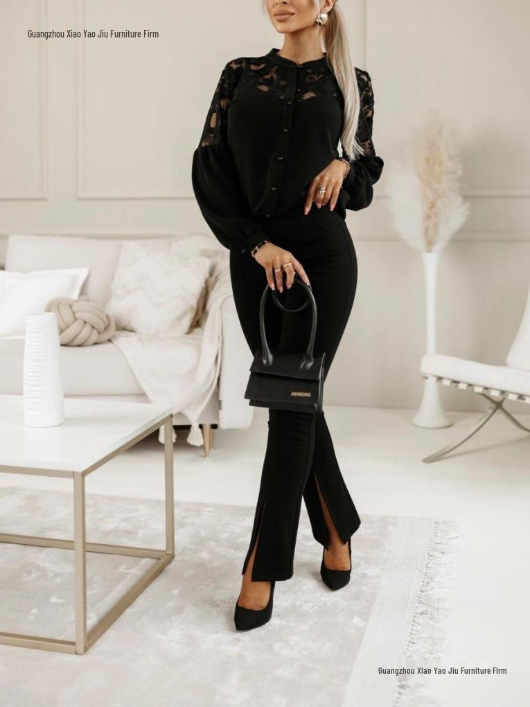 Women's Solid Color Lace Patchwork Shirt - Autumn/Winter Collection 2026