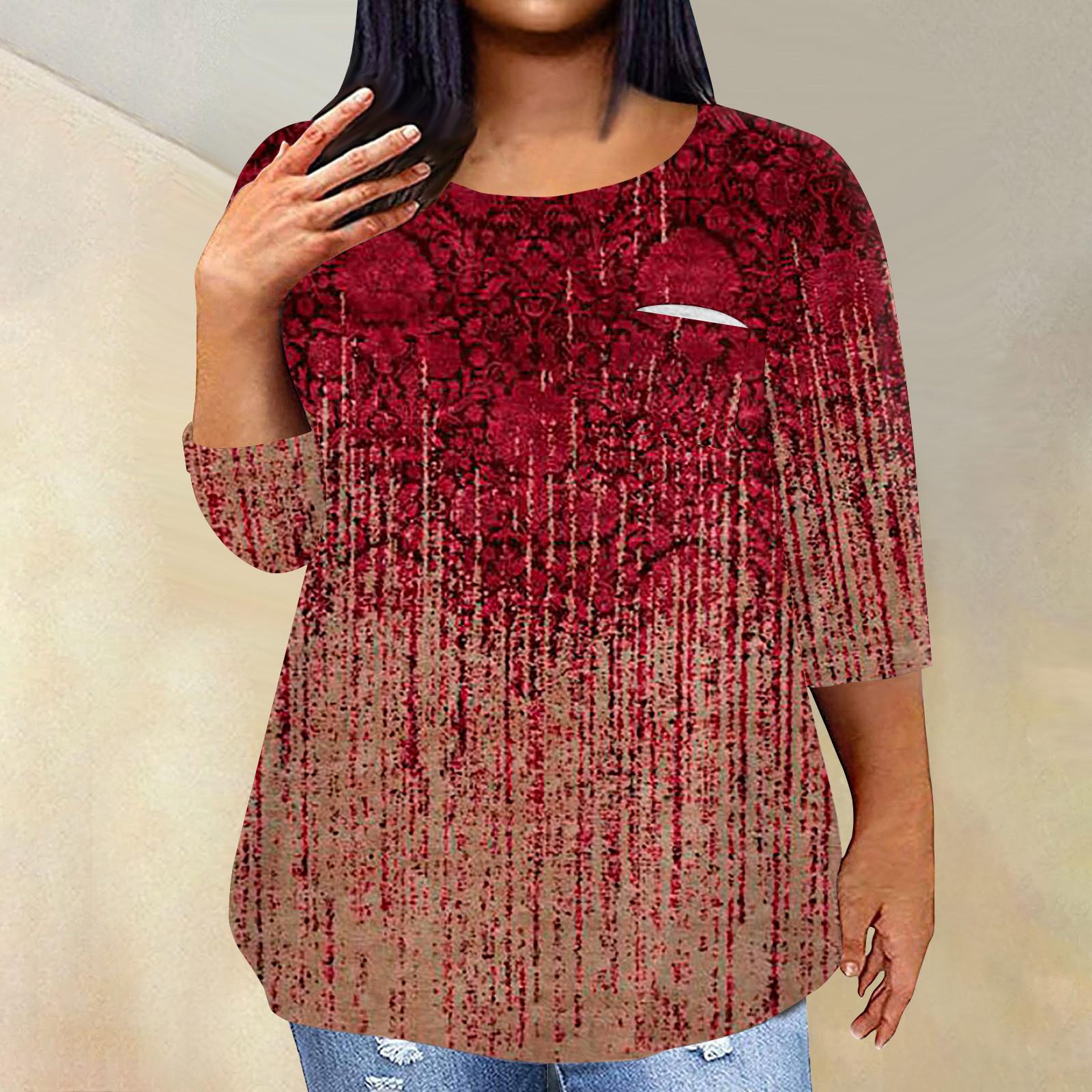 

Женский модный повседневный пуловер с круглым вырезом и рукавом три четверти с принтом, топ с рукавами 4/3 XXXXXL винный