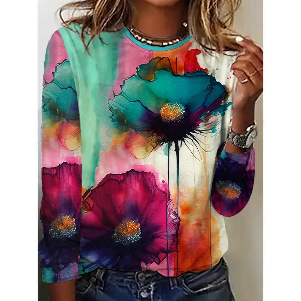 

Fashionable Printed Long Sleeved Women s T-shirt, Creative New Casual Watercolor Floral Round Neck Top S