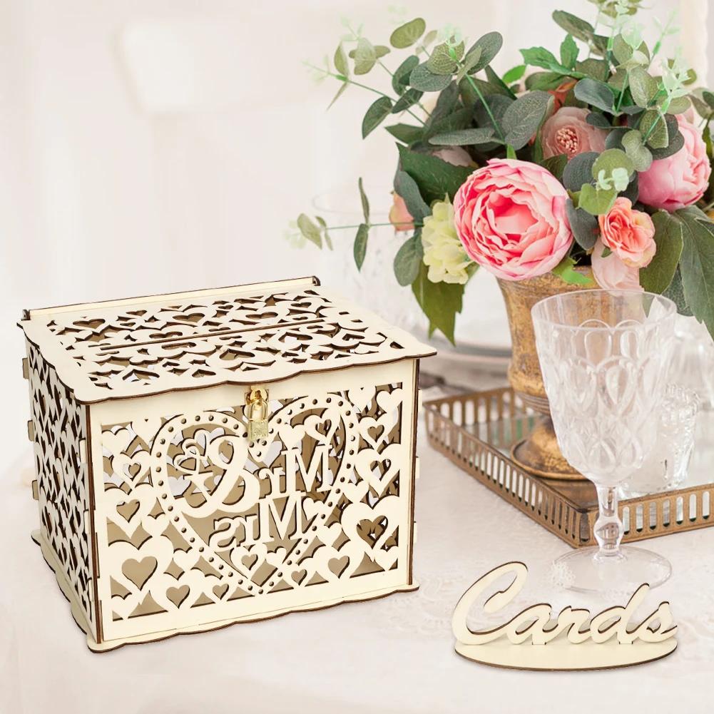 Wooden Wedding Card Box Wedding Decoration Supplies DIY Mr&Mrs Couple Flower Pattern Envelope Sign Cards Wood Box
