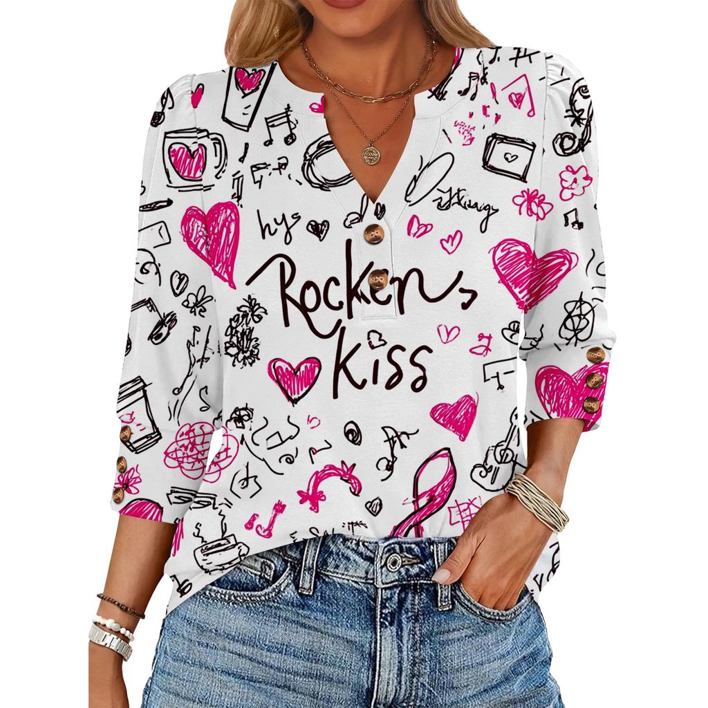 Women's Loose 7-inch Sleeve Top with Heart Print