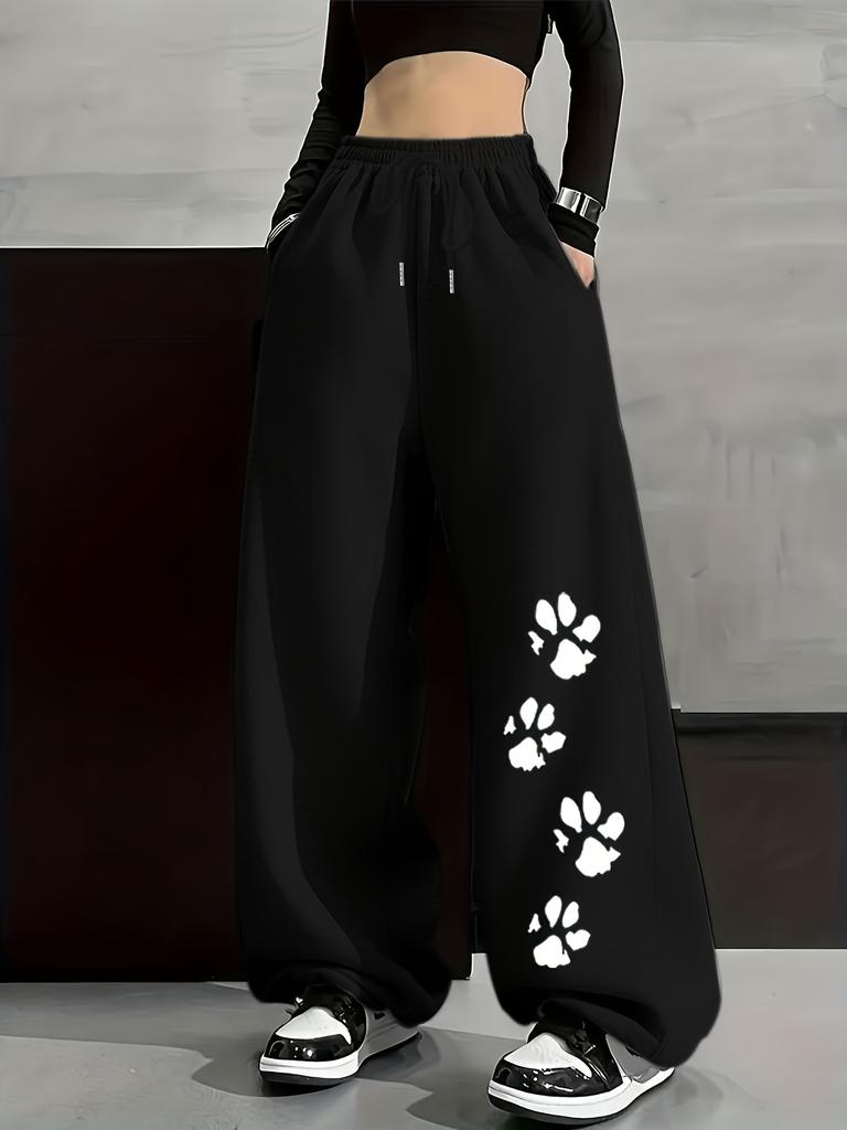 Women's Cat Paw Print Fleece Sweatpants for Autumn and Winter Warm Casual Loose Stylish and Versatile Streetwear Trendy