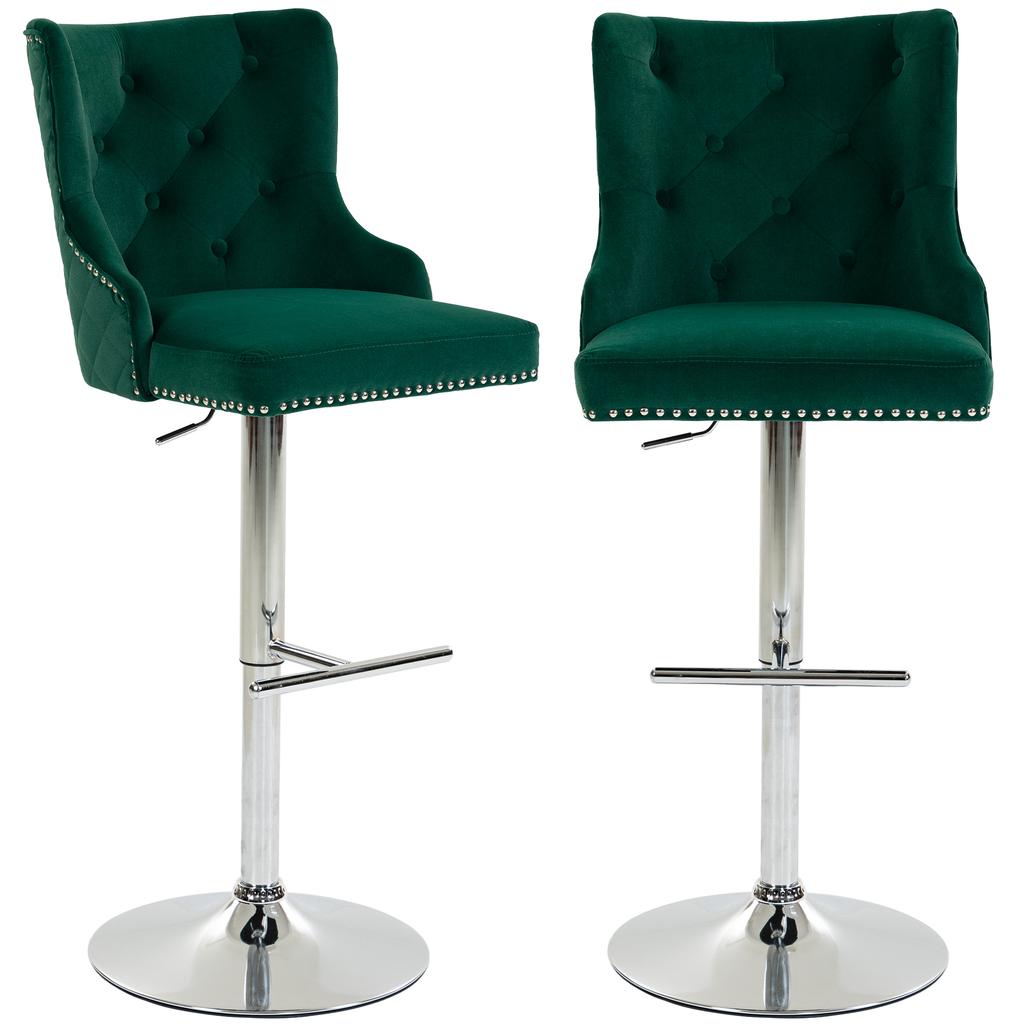 Bar Stools Set of 2, Modern Swivel & Adjustable Velvet Barstools with Button-Tufted Back, Footrest for Home Bar, Green