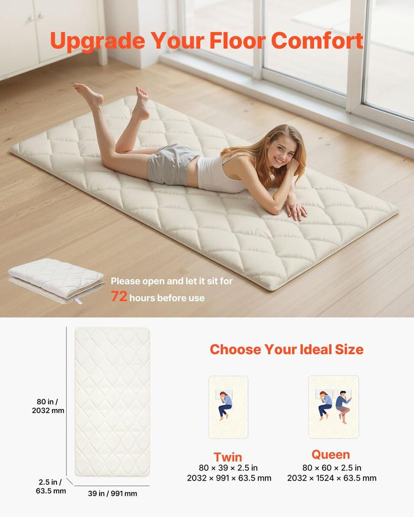 Japanese Tatami Mat, Twin Size Foldable Japanese Tatami Mattress, Futon Mattress with Storage Bag & Fastener, 9-Layer Floor Mat for Sleeping, Dorm,
