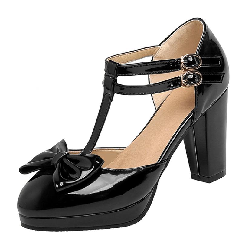 Blockklack Mary Janes Skor Dam Sandaler Söt Rosettgul Röd Rosa Vit Klack Bröllopsskor Dam Pumps Stor Storlek