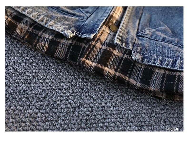 Pánská trendy kostkovaná patchworková džínová bunda 2025 - Falešný dvoudílný vlněný kabát na jaro a podzim