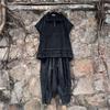 Womens 2026 Streetwear Denim Set Contrast Panel Distressed Loose Long Sleeve Shirt Top Baggy Pants