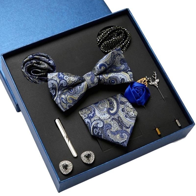 Pack of 9 Men's Floral Tie Set with Pocket Square Tie Clip Brooch Accessories for Formal Occasion Holiday Gift Supply