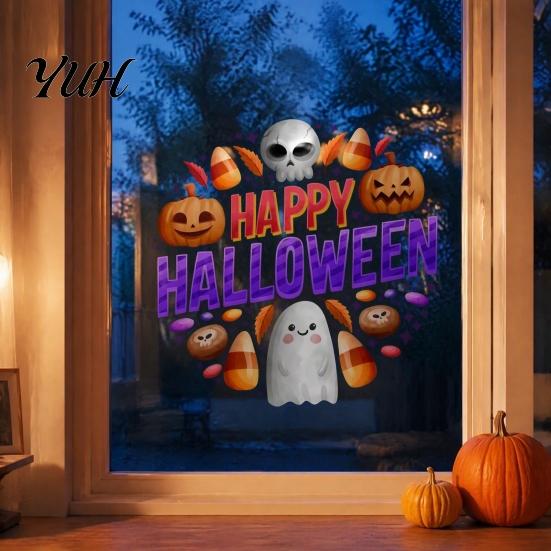 Waterproof PVC Party Decorations Halloween Window Clings, Cute Ghost Pumpkin Skull Happy Sticker, Reusable Decorative Holiday Film Double Sided Static
