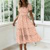Abito Lungo Casual alla Moda da Donna con Scollo Quadrato, Maniche a Sbuffo, Stampa Floreale, Leggero Abito Midi Estivo con Vita Elastica e Gonna a Balze