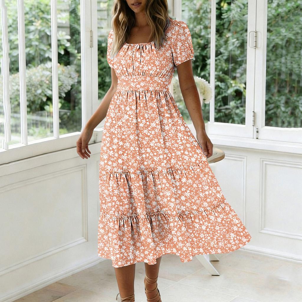 Abito Lungo Casual alla Moda da Donna con Scollo Quadrato, Maniche a Sbuffo, Stampa Floreale, Leggero Abito Midi Estivo con Vita Elastica e Gonna a Balze
