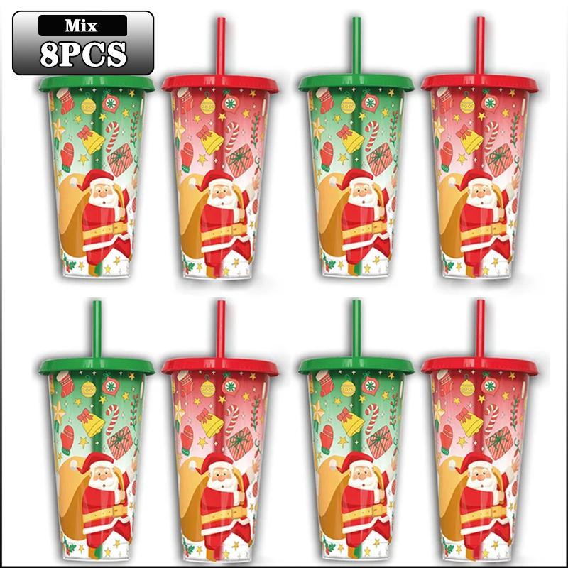 Christmas Color Changing Mugs Large Capacity Cold Feeling Cups with Straw Two Piece Father Christmas Coffee Tea Holiday Gift