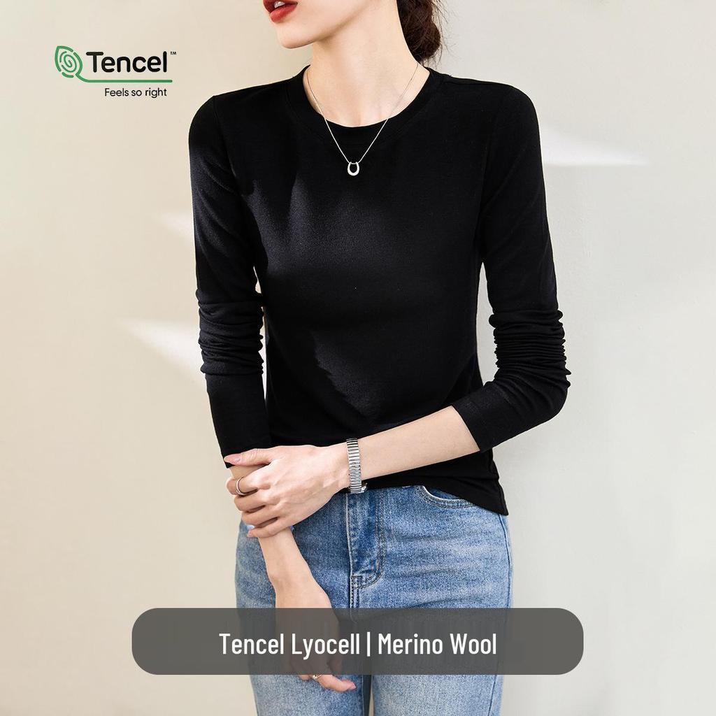 Women's White Mask Tencel Lyocell Wool Long Sleeve Slimming Base Layer Top - 2025 Autumn/Winter Collection