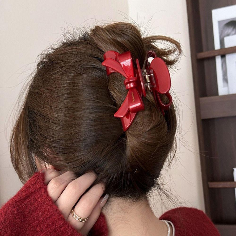New Year Red Bow Acetic Acid Hair Claw Sweet Cute Exquisite Hair Clip for Women Girl Korean Trendy Headwear Jewelry Gift