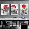 Japanese Ninja and Monk Mural Black Red Wall Art Canvas Painting Vintage Wall Art Pictures for Living Room Bedroom Home Decor No Frame