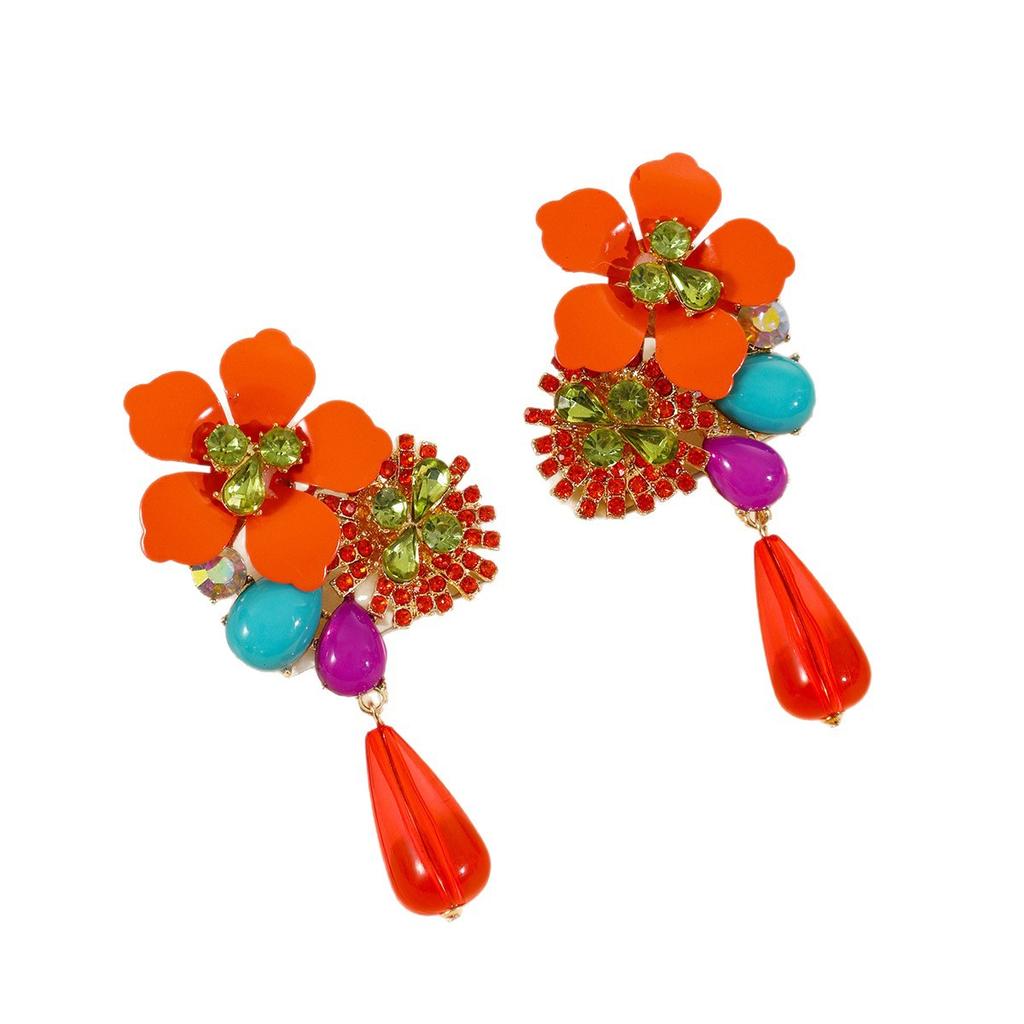 Resin Flower Retro Personality Exaggerated Versatile Water Drop Pendant Earrings
