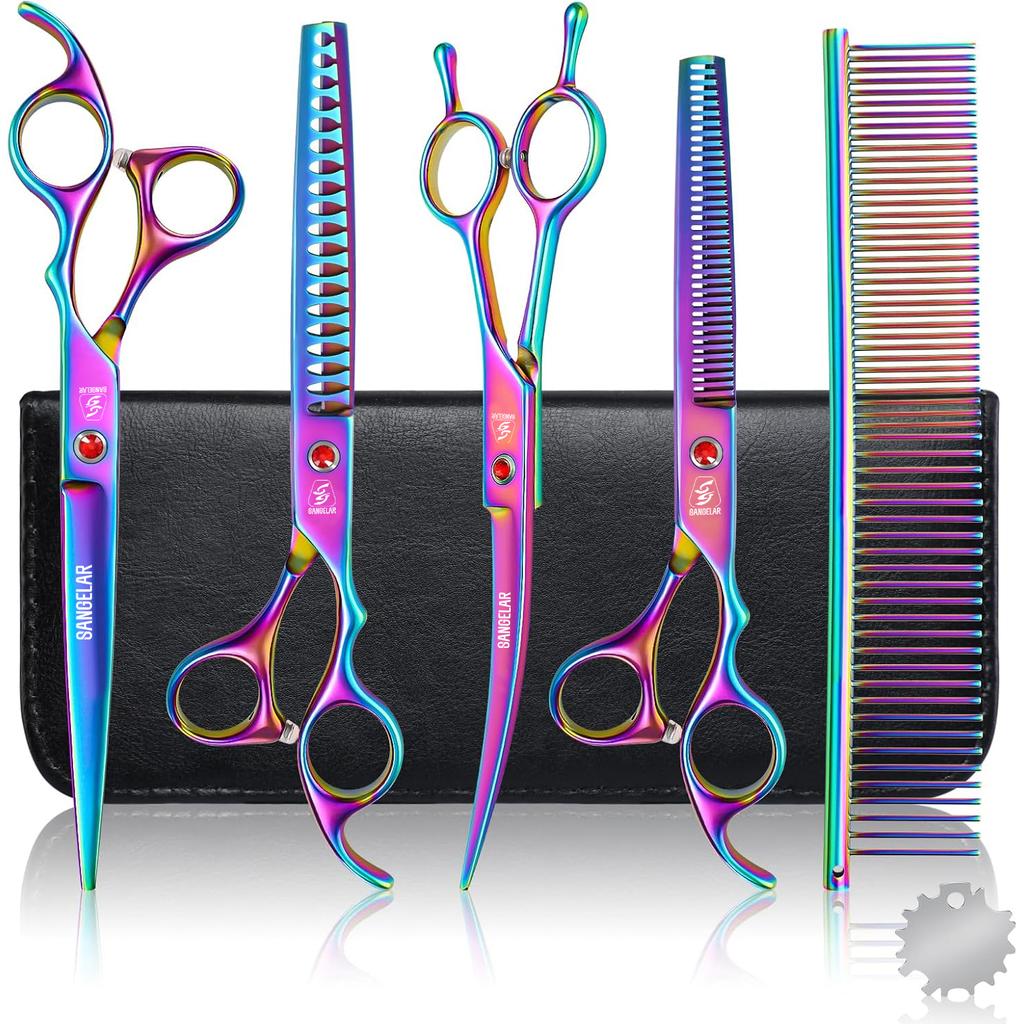 SANGELAR Pet Grooming Scissors Set,Includes Straight, Curved, and Thinning Shears, 20%-55% Fur Thinning, Available In Round Tip Options