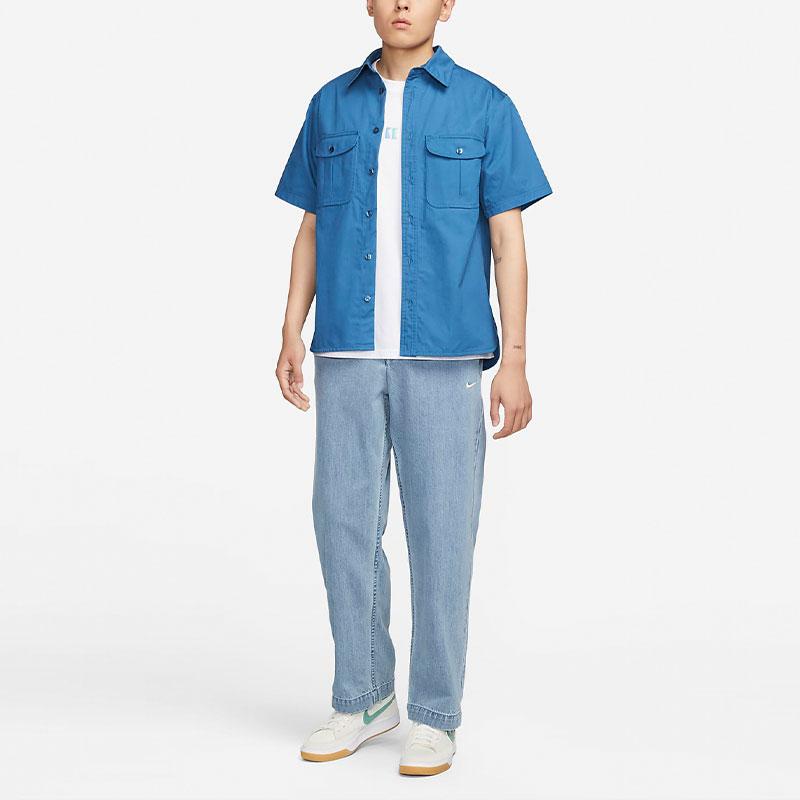 Nike SB Tanglin Solid Woven Skateboarding Short Sleeve Shirt Unisex Tops Industrial-Blue FQ0400-457