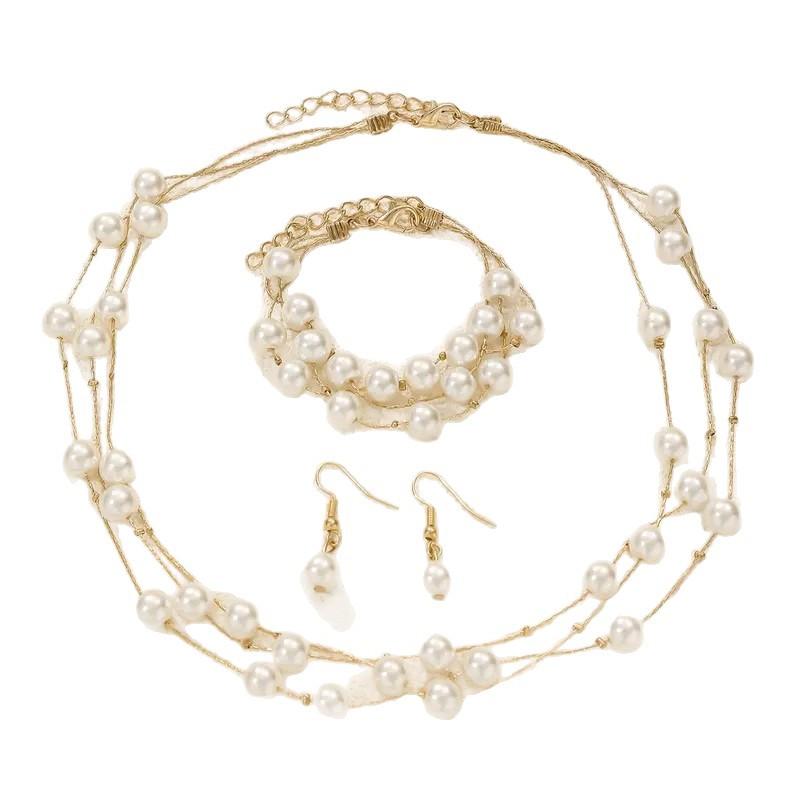 Hot Selling Multi-Layer Pearl Necklace Earrings Bracelet Jewelry Set Wedding Season Bridal Jewelry Women