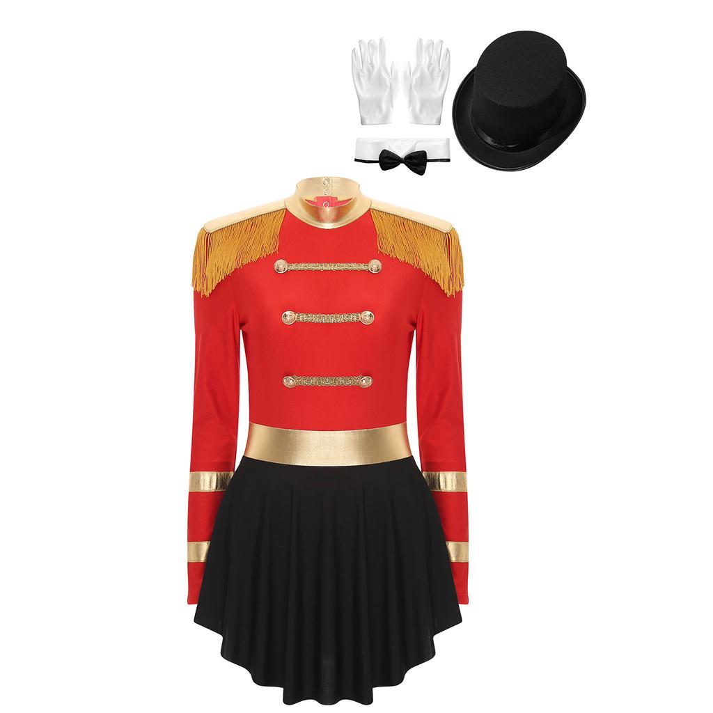 Womens Circus Ringmaster Costume Set Mock Neck Patchwork Bodysuit Complete Hat Bow Collar Gloves