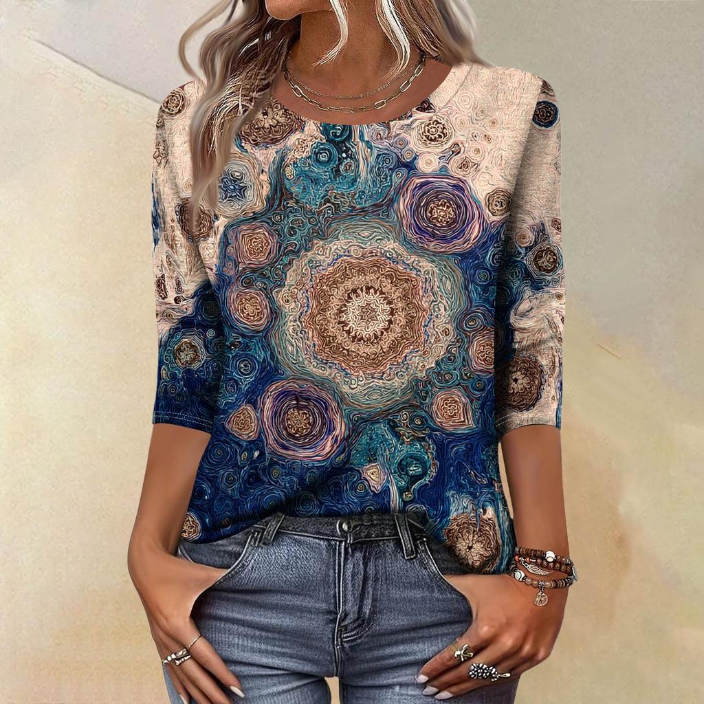 Trendy Vintage 3/4 Sleeve Top For Women,Ladies Casual Three Quarter Sleeve Round Collar Printed T-Shirt Blouse