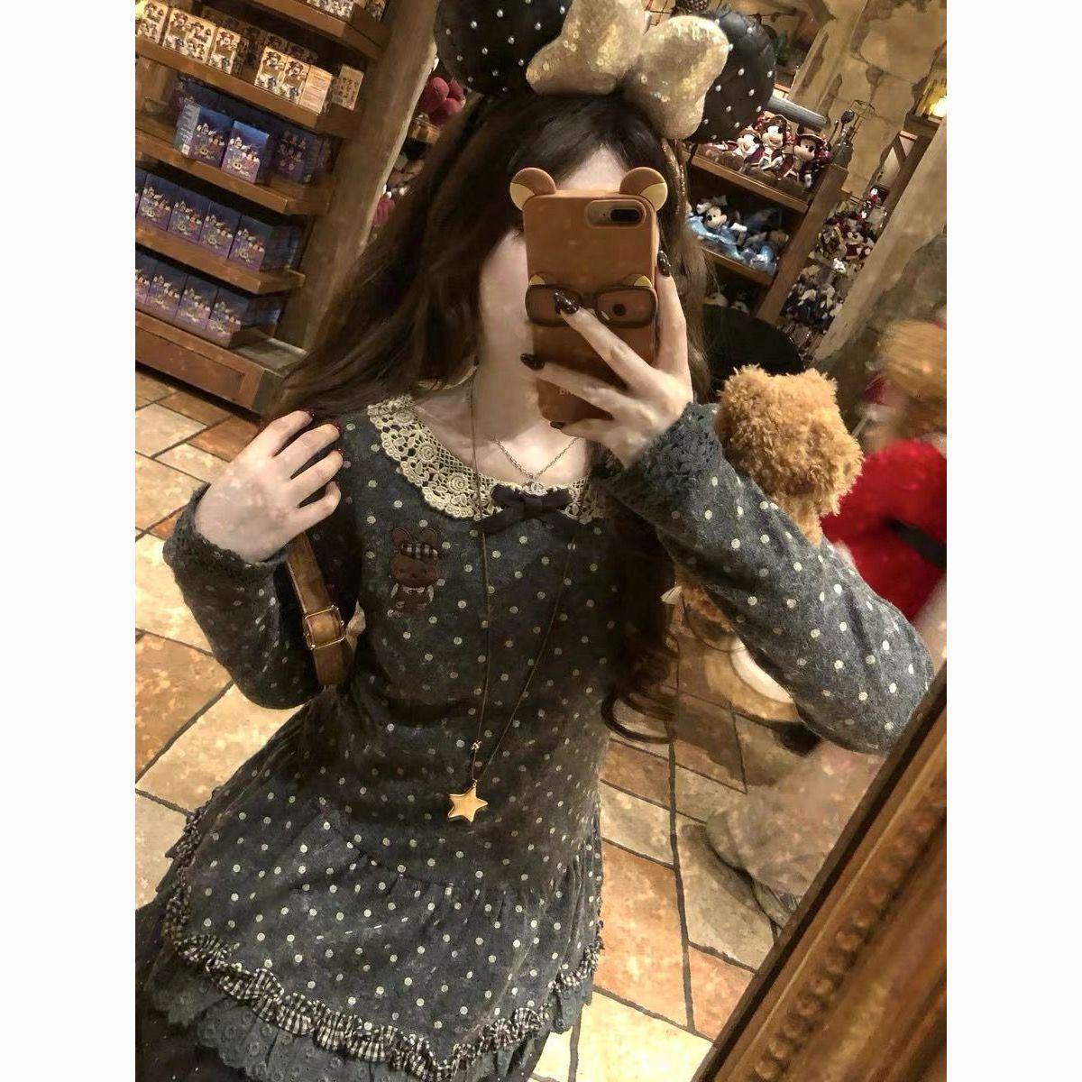 2026 New Japanese Embroidered Polka Dot A-Line Pullover with Lace Ruffle and Doll Collar Medium