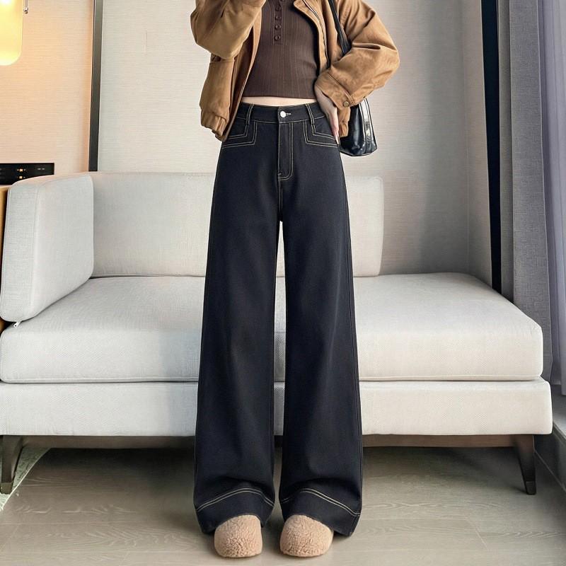 Womens Relaxed Fit Straight Leg Jeans Pants High Waist Wide Trousers Winter Casual Wear