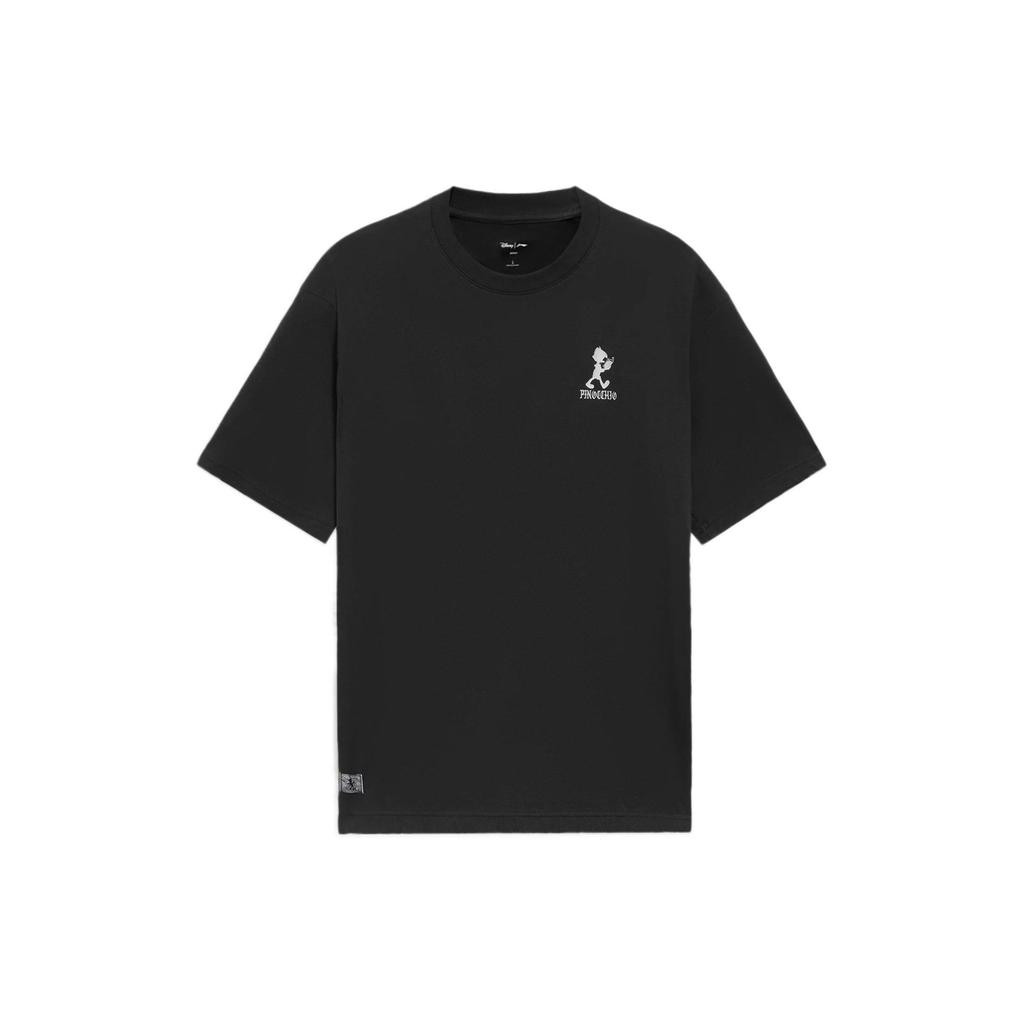 Li-Ning Disney Pinocchio Series Hand-Painted Cartoon Print Casual Loose T-Shirt Men Tops Black AHSS451-5