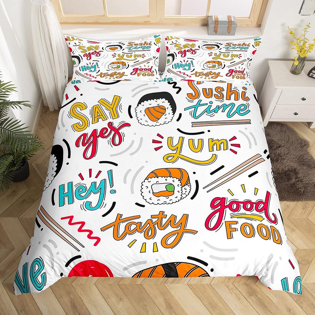 Japanese Sushi King Queen Duvet Cover Little Cat Bedding Set Novelty Cartoon Pet Animal Japan Food White Polyester Quilt Cover