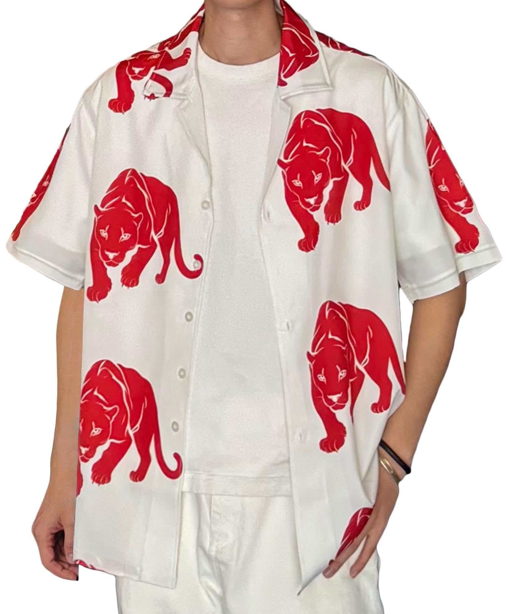 

CHANGE WELL 2025 Streetwear Casual Short Sleeve Open Collar Leopard Animal Print Aloha Shirt Men s Spring/Summer (White, XL)