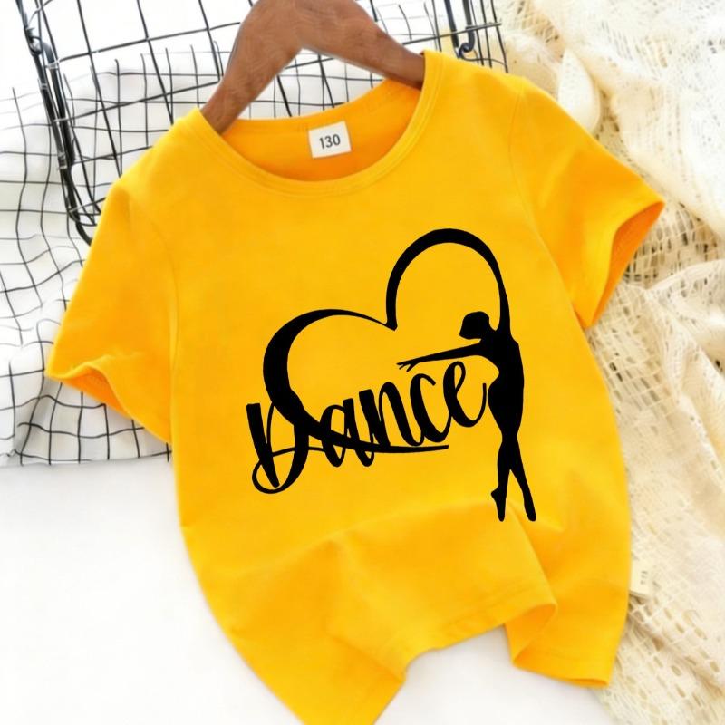 Children Crew Neck Short Sleeve T-Shirt with Dance Pose, Heart & Letter Print