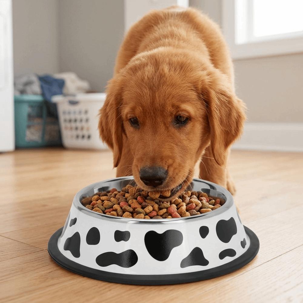 

White Black Tone Dog Cat Food Bowl Cow Print Metal Pet Bowl Anti Slip Pet Bowl Puppy Kitten Care 15cm