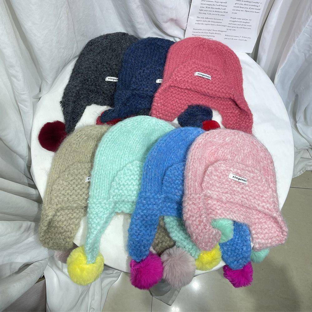 

Mohair Pom-pom Beanies Cap Contrasting Color Bomber Hat New Winter Cap Keep Warm темно-синього кольору