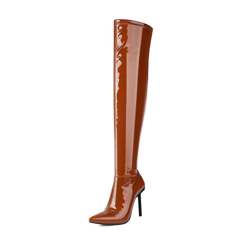 New women's knee boots European and American nightclubs super high heel knee large size leather boots pointed thin heel elastic women's boots